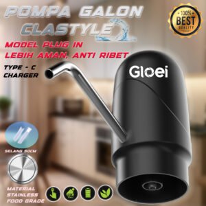 GloeI Pompa Air Galon Clastyle Hitam Jet Black, Model Classic, Baterai 1000 MAH, Selang 50cm, Tipe C Charger, ABS Food Grade, Selang Stainless 304, Anti Karat, Cocok untuk Penggunaan Sehari-hari