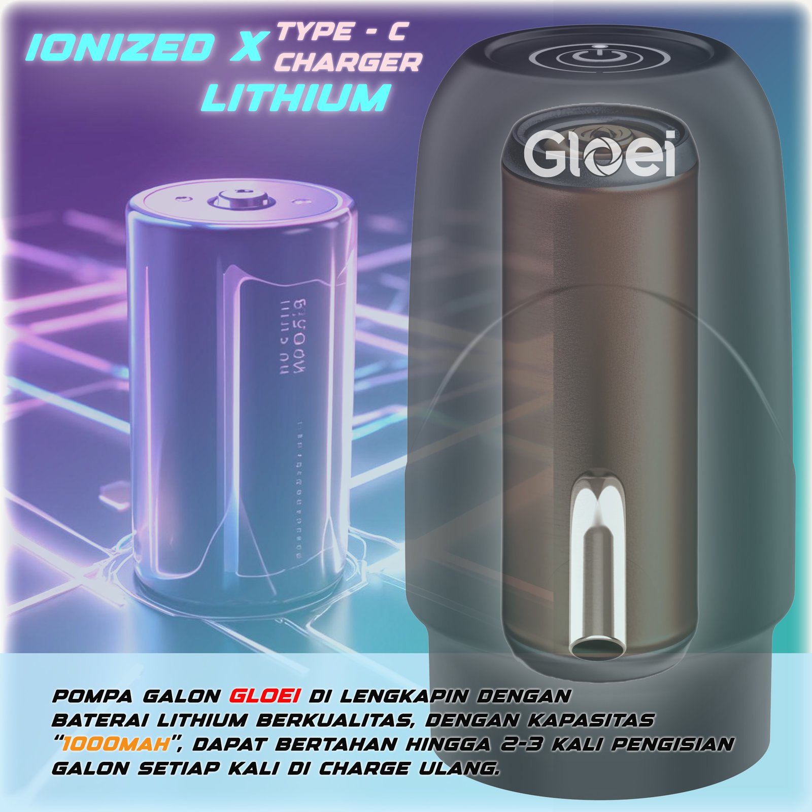 GloeI Pompa Air Galon Clastyle Hitam Jet Black, Model Classic, Baterai 1000 MAH, Selang 50cm, Tipe C Charger, ABS Food Grade, Selang Stainless 304, Anti Karat, Cocok untuk Penggunaan Sehari-hari - Gambar 2