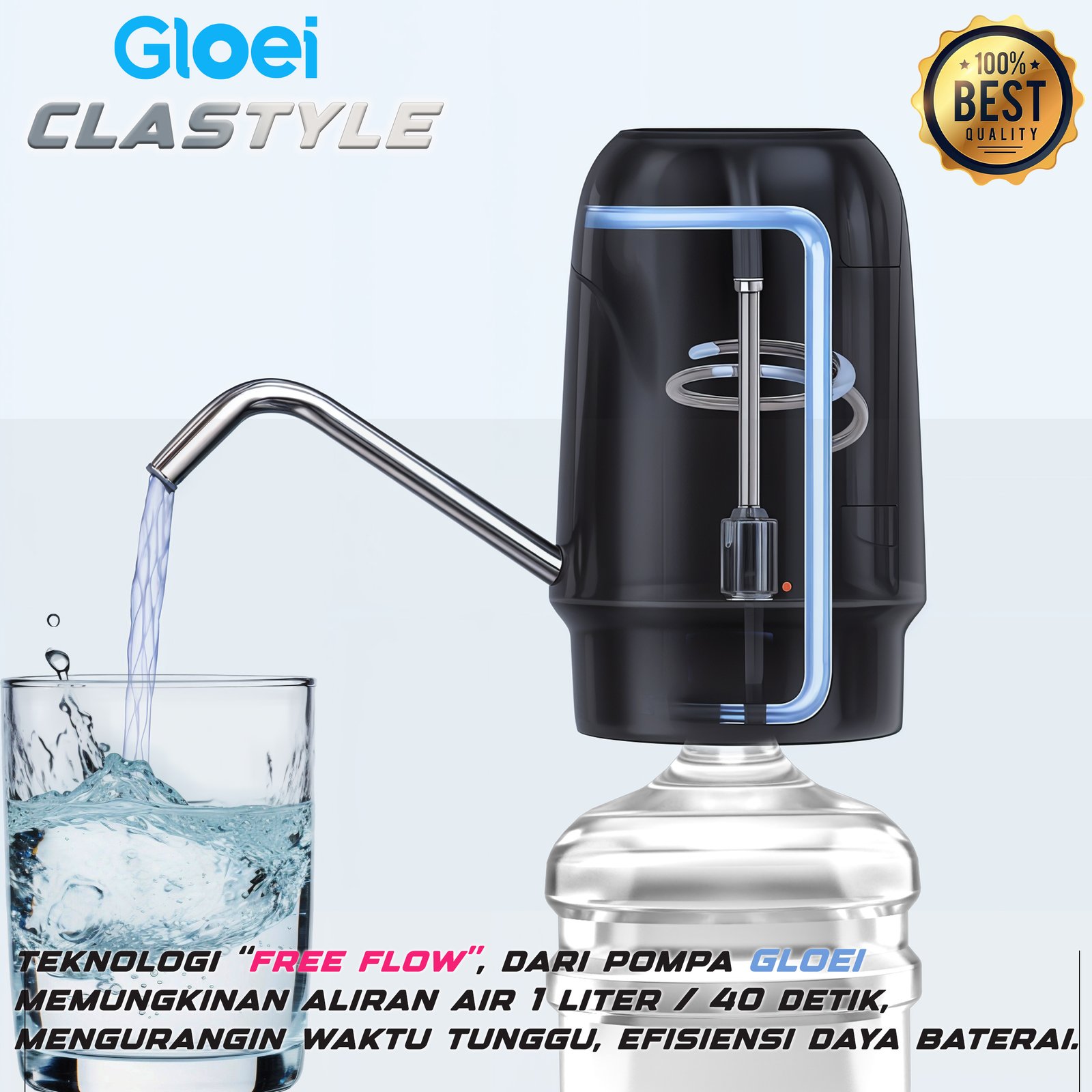 GloeI Pompa Air Galon Clastyle Hitam Jet Black, Model Classic, Baterai 1000 MAH, Selang 50cm, Tipe C Charger, ABS Food Grade, Selang Stainless 304, Anti Karat, Cocok untuk Penggunaan Sehari-hari - Gambar 3