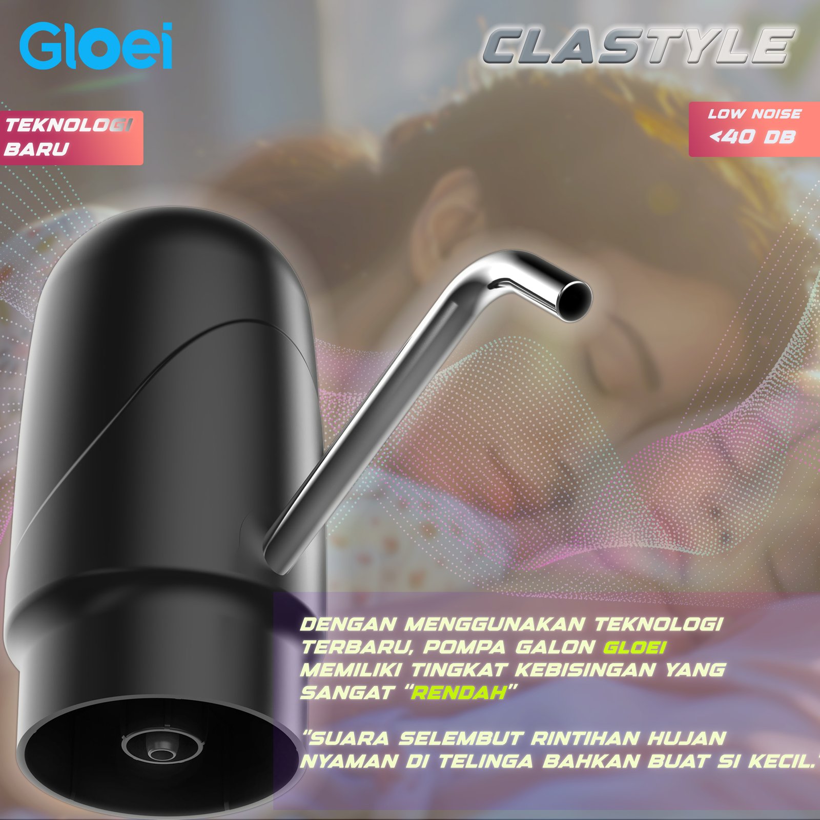 GloeI Pompa Air Galon Clastyle Hitam Jet Black, Model Classic, Baterai 1000 MAH, Selang 50cm, Tipe C Charger, ABS Food Grade, Selang Stainless 304, Anti Karat, Cocok untuk Penggunaan Sehari-hari - Gambar 4