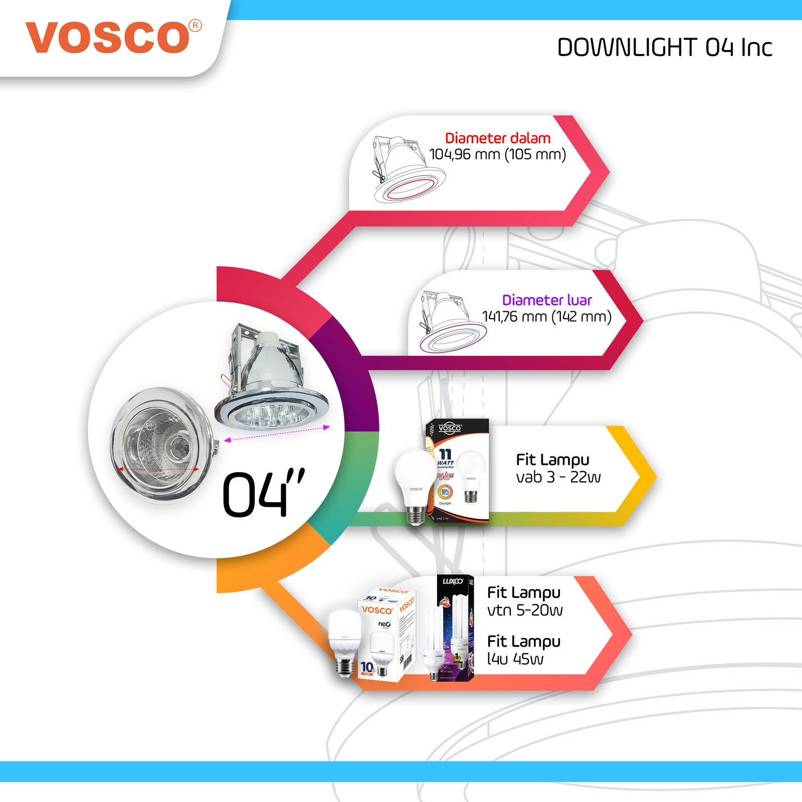 Downlight Lampu Premium VOSCO Coated Metal 3.5 - 5 inch GLOSSY MATERIAL CHROME Anti Karat, TEBAL, BEST SELLER E27 KUALITAS JAMINAN SNI (salin) - Gambar 4