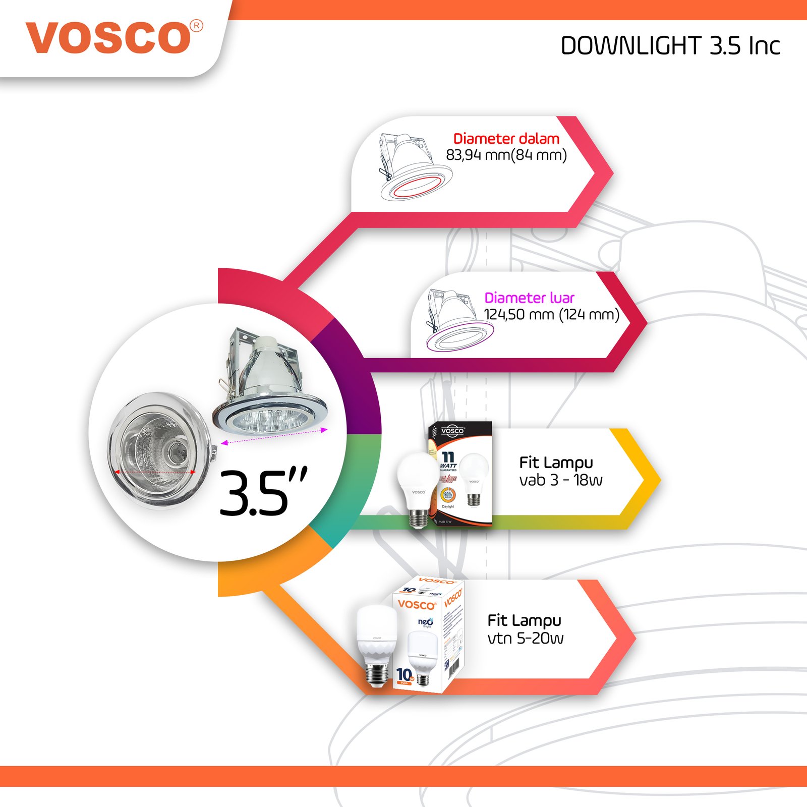 Downlight Lampu Premium VOSCO Coated Metal 3.5 - 5 inch GLOSSY MATERIAL CHROME Anti Karat, TEBAL, BEST SELLER E27 KUALITAS JAMINAN SNI (salin) - Gambar 3