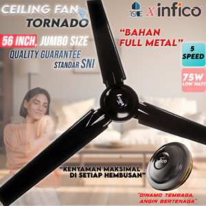 KIPAS ANGIN GANTUNG 56" 3 DAUN ANGIN TORNADO ASLI INFICO, + BREKET, FULL BESI, DENGAN 2 BEARING, MOTOR TEMBAGA ASLI + FREE BUBBLE+