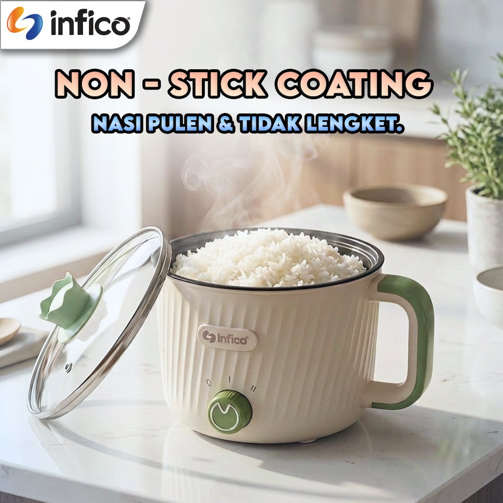 INFICO Multi Cooker Panci Listrik Mini 1.8L Anti Lengket Tempered Glass Non Stick Electric Cooker Rice Cooker Mini - Gambar 3