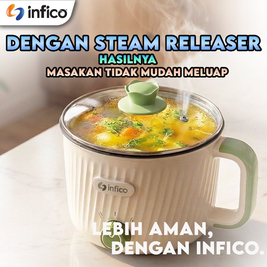 INFICO Multi Cooker Panci Listrik Mini 1.8L Anti Lengket Tempered Glass Non Stick Electric Cooker Rice Cooker Mini - Gambar 4