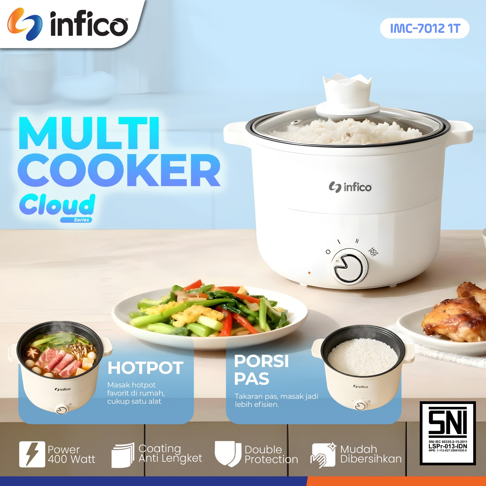 INFICO Multi Cooker Panci Listrik Mini 1.8L Anti Lengket Tempered Glass Non Stick Electric Cooker Rice Cooker Mini - Gambar 2