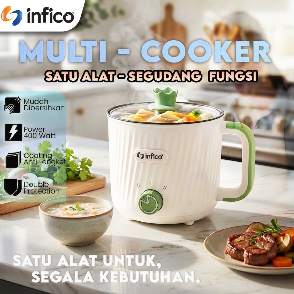 INFICO Multi Cooker Panci Listrik Mini 1.8L Anti Lengket Tempered Glass Non Stick Electric Cooker Rice Cooker Mini