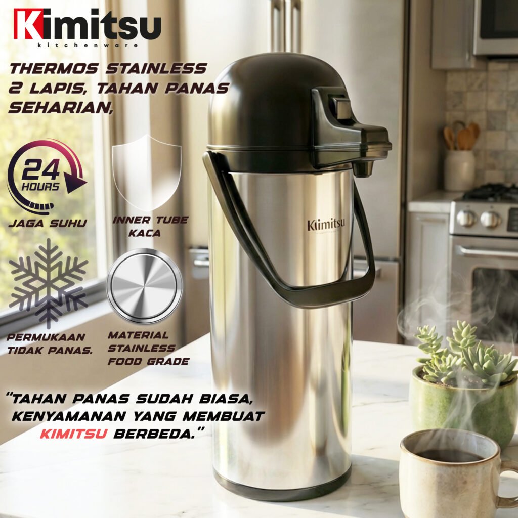 Termos Air Panas 1,9 LITER PACKING BUBBLE BAG! Tabung Kaca, Stainless steel, Tahan Panas Kimitsu 12 Jam, Foodgrade, Thermos sus 304 2 Lapis - (salin)
