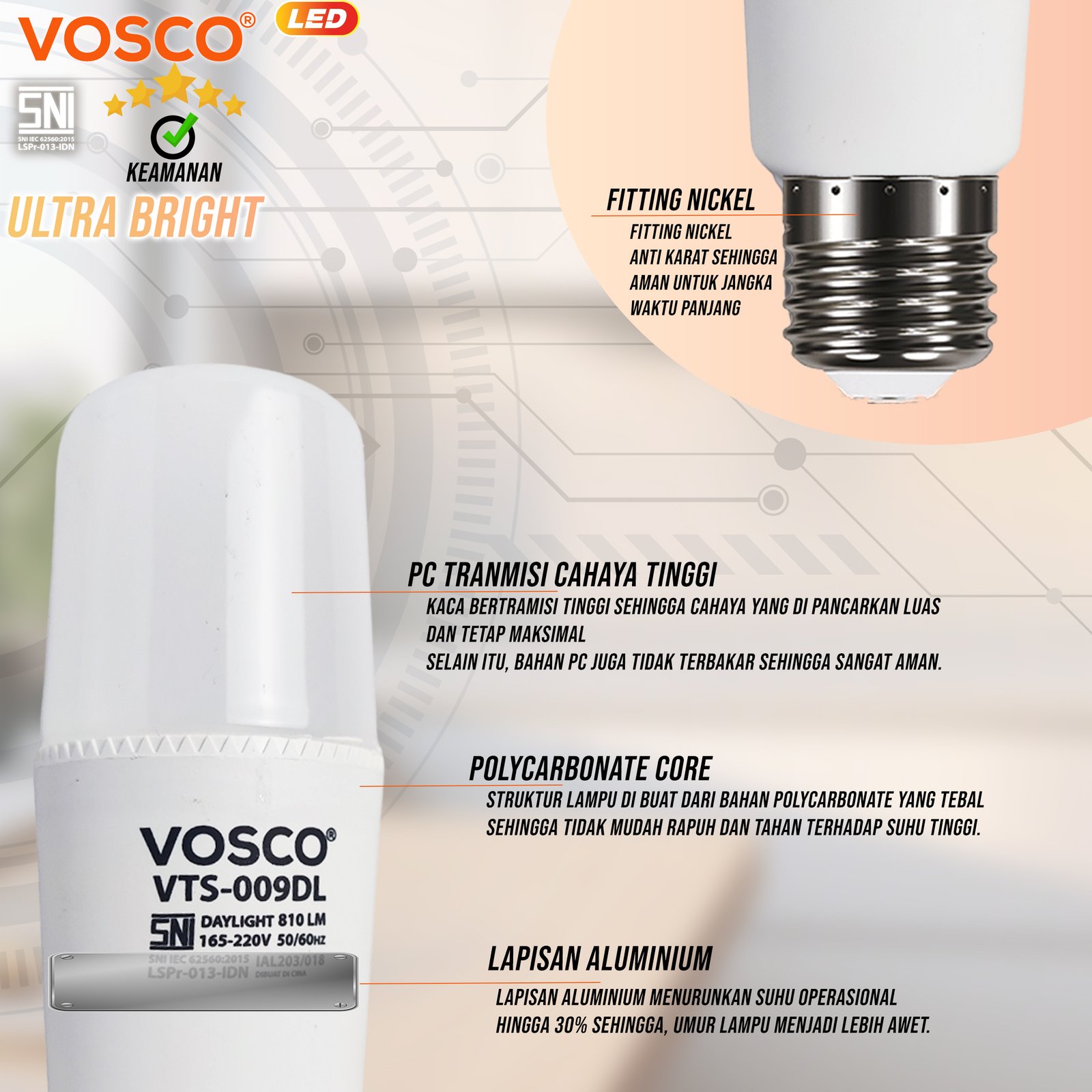 LAMPU LED STICK 5-18 WATT VOSCO SNI GARANSI HEMAT DAYA 90%, EXTRA SUPER TERANG CAHAYA PUTIH LED PREMIUM - Gambar 6