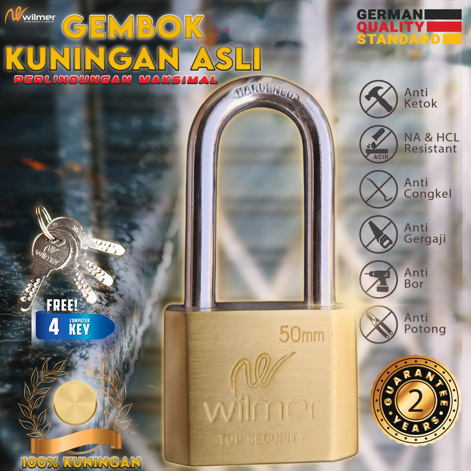 Gembok Premium Kualitas German (GARANSI 5 TAHUN ) Kuningan Asli 40mm-70mm | Anti Bobol, Anti Karat Computer Key 4 KUNCI Kualitas German >