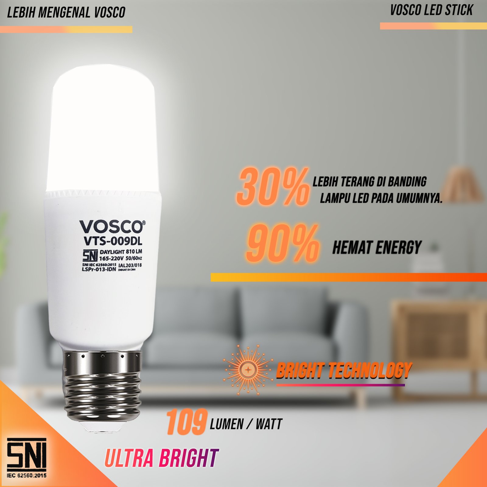 LAMPU LED STICK 5-18 WATT VOSCO SNI GARANSI HEMAT DAYA 90%, EXTRA SUPER TERANG CAHAYA PUTIH LED PREMIUM - Gambar 3