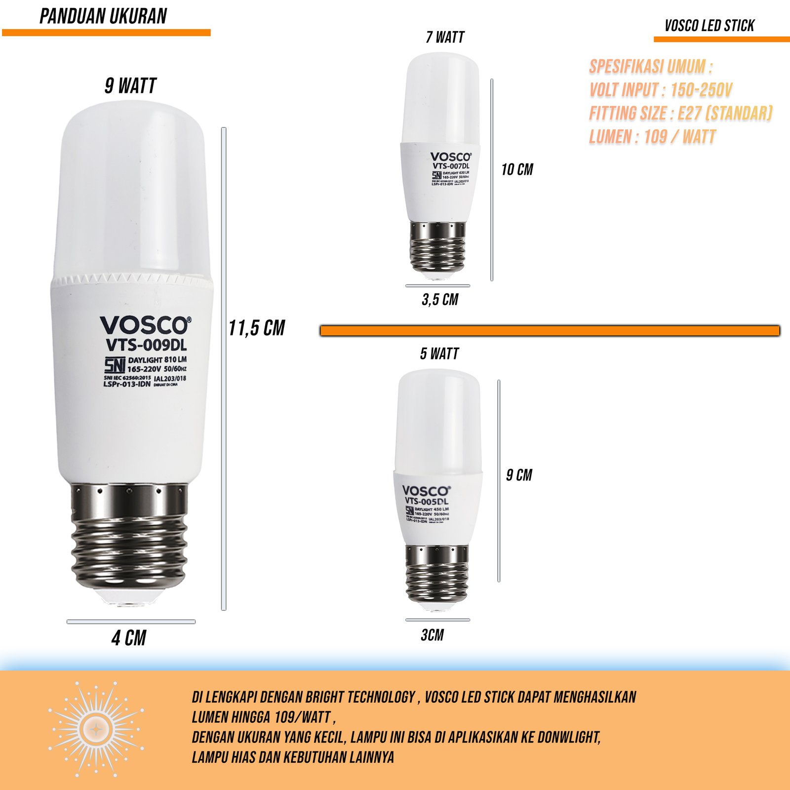 LAMPU LED STICK 5-18 WATT VOSCO SNI GARANSI HEMAT DAYA 90%, EXTRA SUPER TERANG CAHAYA PUTIH LED PREMIUM - Gambar 2
