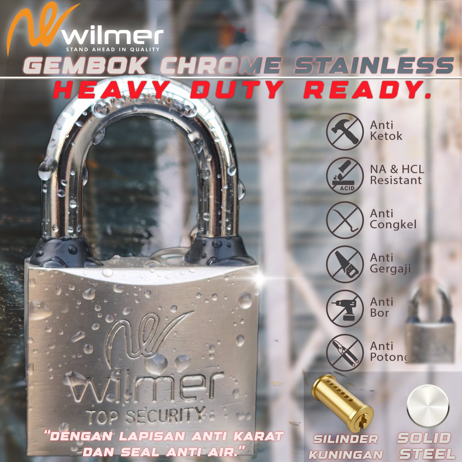 GEMBOK 70MM PREMIUM SUPER TEBAL ANTI POTONG SOLID MERK WILMER TAHAN GERGAJI ,KOKOH, TAHAN AIR,+ SEAL KARET, ANTI KARAT, KUAT & AMAN>