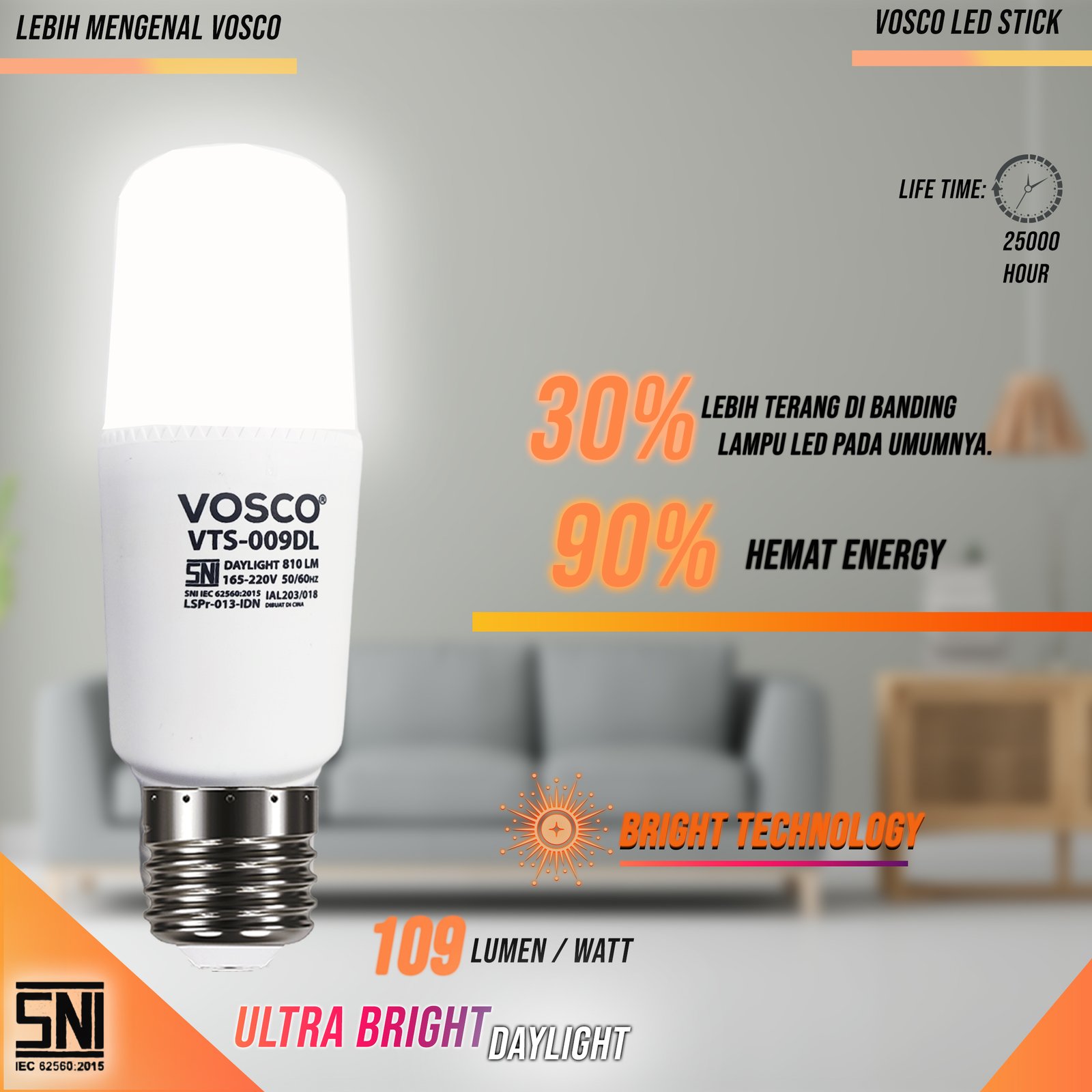 LAMPU LED STICK 5-18 WATT VOSCO SNI GARANSI HEMAT DAYA 90%, EXTRA SUPER TERANG CAHAYA PUTIH LED PREMIUM - Gambar 5